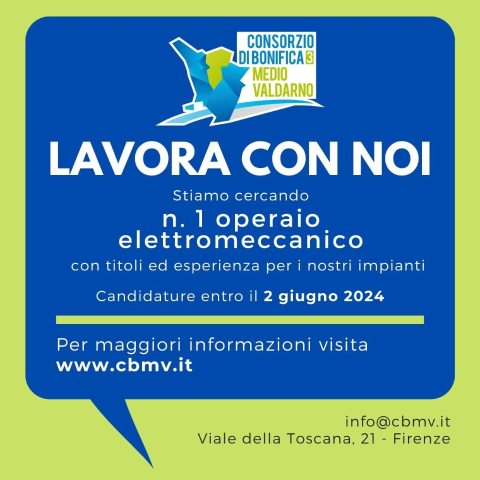 LAVORA CON NOI - Avviso di selezione per un operaio elettromeccanico specializzato del settore Impianti e Irrigazione - Scadenza 02/06/2024